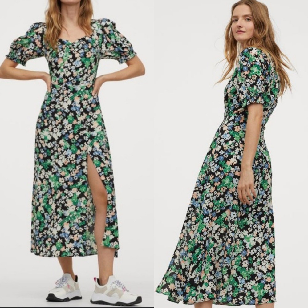 H&M Floral Puff Sleeve Tea Length Dress Sz L Black Green Peach